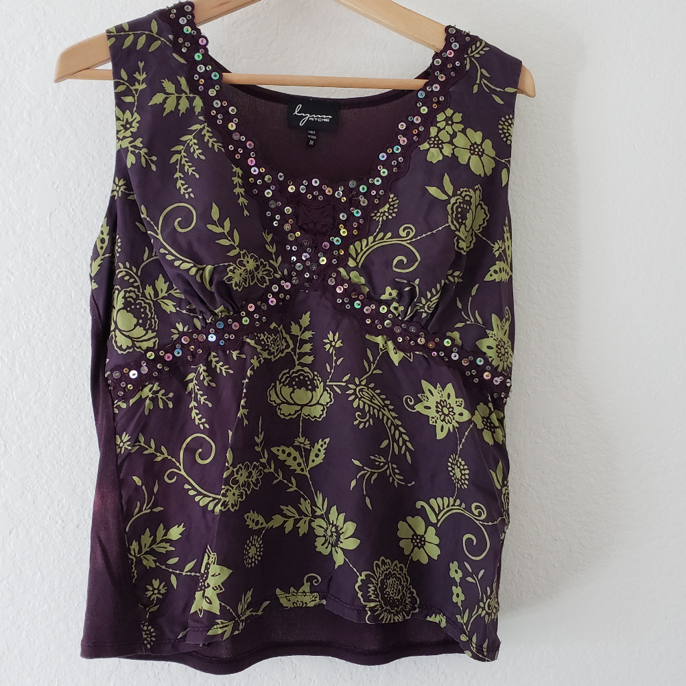 Lynn Ritchie Purple Bead Embellished Sleeveless Top Silk/Cotton Blend - Size M